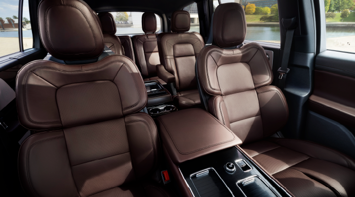 The cabin of the 2025 Lincoln Aviator® SUV is shown with black and brown accents. | Stivers Lincoln in Waukee IA