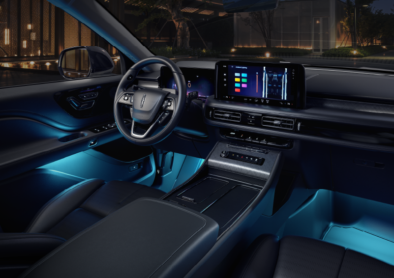 Deep blue ambient lighting glows from various places within a 2025 Lincoln Aviator® SUV. | Stivers Lincoln in Waukee IA