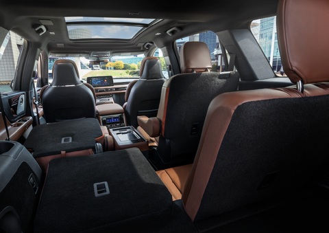 The interior of the 2025 Lincoln Aviator® SUV is shown with two seats folded down for added space. | Stivers Lincoln in Waukee IA