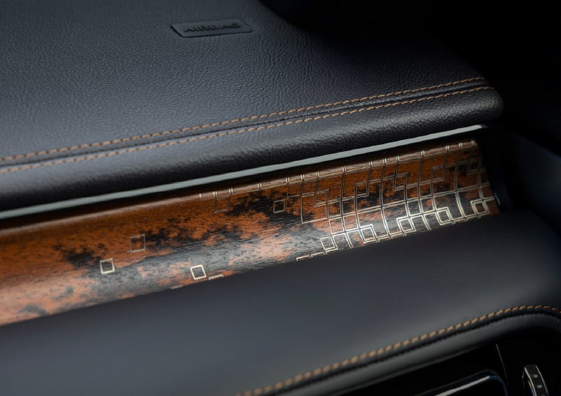 A close-up shot of the 2026 Lincoln Aviator® dashboard with unique black and brown accents and brown stitching. | Stivers Lincoln in Waukee IA